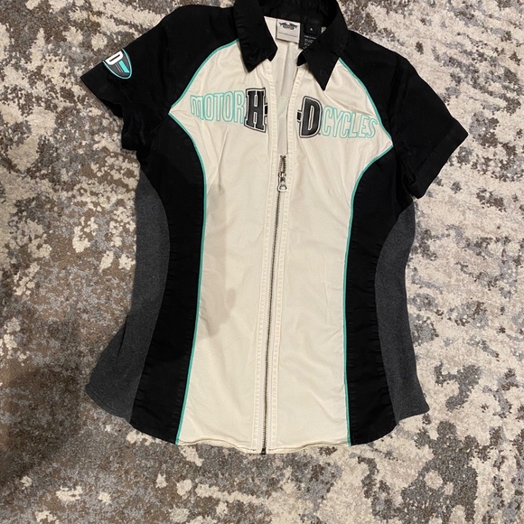 Harley Davidson HD Motorcycle shirt. Women sz S. Front Zip Cleavage. Stretchy. - Picture 2 of 10